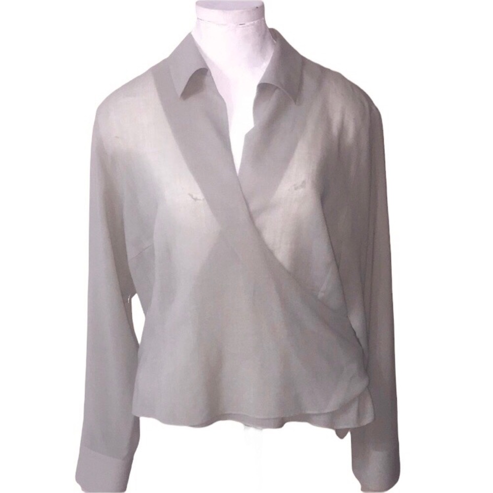 AKRIS Grey Semi-Sheer Spread Collar Surplice Wrap Top Size 14
